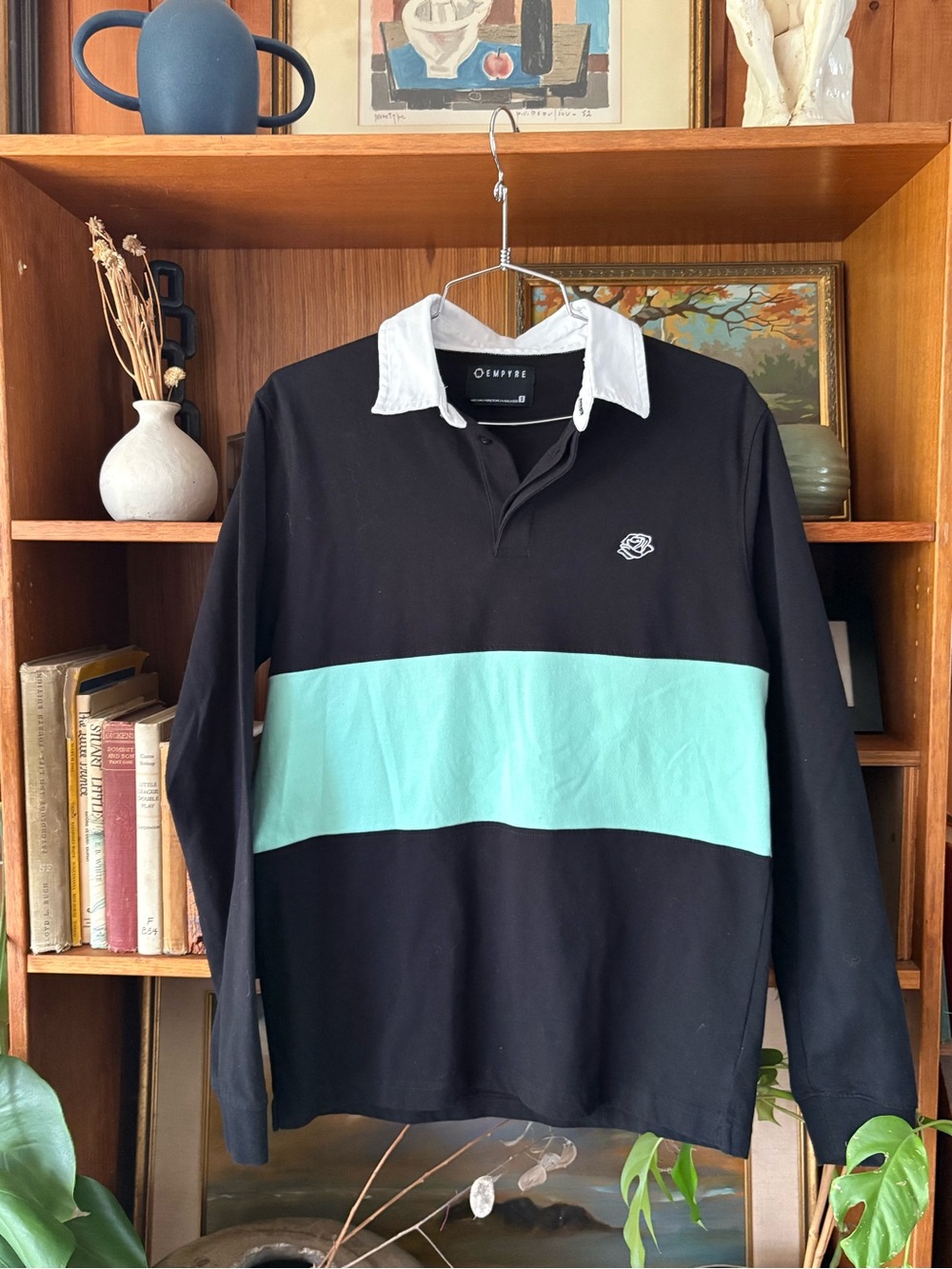Empyre Black and Turquoise Thick Stripe Rugby Long Sleeve S